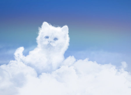 Heavenly cat made of clouds symbolizing Pet Remembrance Day and love beyond lifeの写真素材