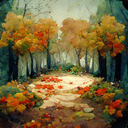 autumn forest scene with a small path, children book style cartoonの素材