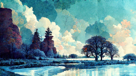 a colorful drawing when winter is coming landscapeの素材