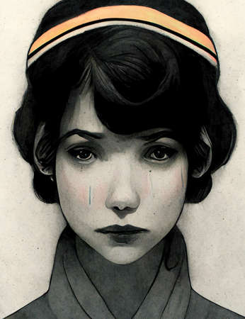 portrait of a sad, depressed woman in black and white colors, old style, illustrationの素材