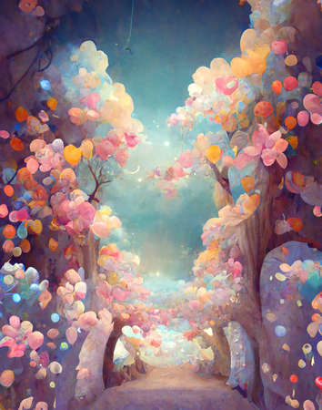 pink, colorful trees with a path, small way, children book art collageの素材