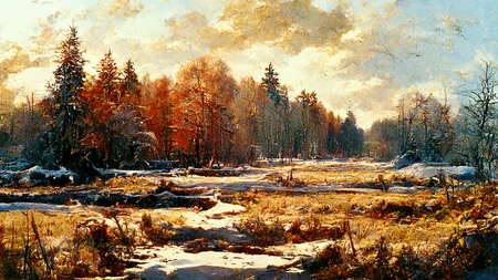 beautiful autumn landscape before winter is coming, autumn color paintingの素材