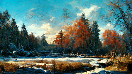 autumn landscape scene, beautiful painting before winter is coming, illustrationの素材