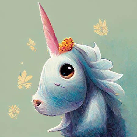 children book unicorn face with big eyes and leaves in background, fantasy children book artの素材