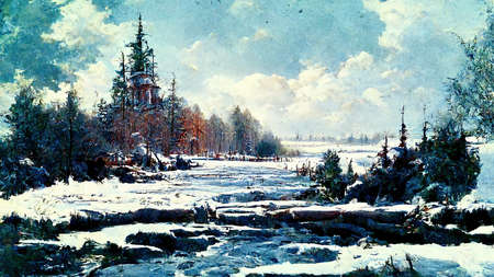 winter painting scene with forest, tress, illustrationの素材