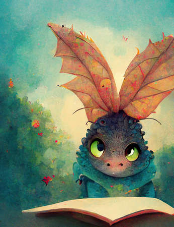 cute little dragon with rabbid ears made of leaves, funny children cartoon artの素材