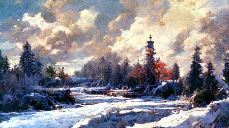 environment winter scene with trees, snow, painting illustrationの素材