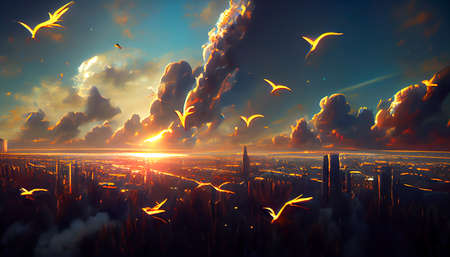sunset with flying, lightning birds in anime opening styleの素材