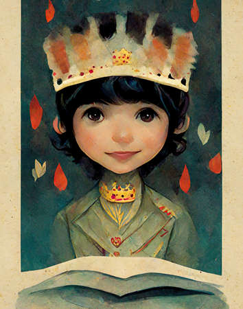 a young prince illustration with a big crown, children book fairytale illustrationの素材