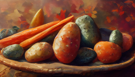 autumn still life with potatoes and carrots, illustrationの素材