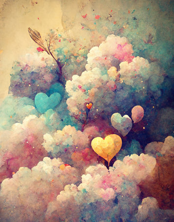 hearts and balloons flying in the clouds, birthday gift cardの素材