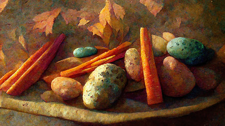 still life illustration with carrots and potatoesの素材