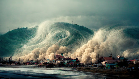 tsunami, big waves hitting town, force of nature illustrationの素材