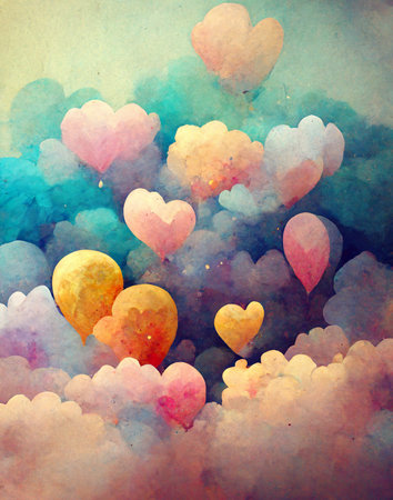 yellow golden hearts in the sky, illustration gift cardの素材