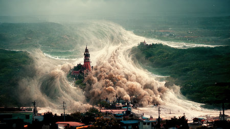 tsunami, dangerous waves at a coast illustrationの素材