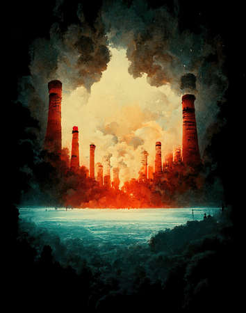 energy crisis dangerous way, sky becoming dark clouds of industry, asbtract illustrationの素材
