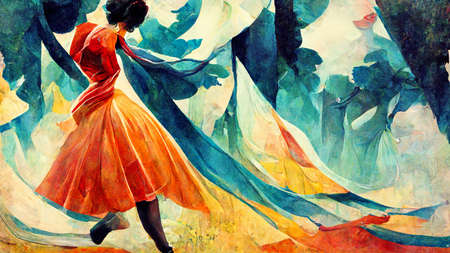 woman dancing in a beautiful folk dress, illustrationの素材