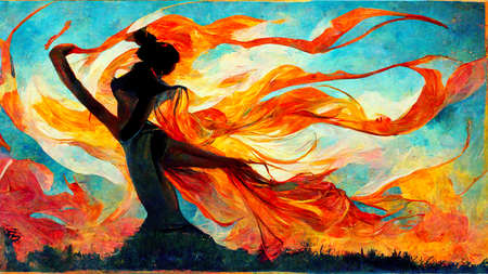 woman dancing alone at sunset, dance contest poster illustration, spain styleの素材