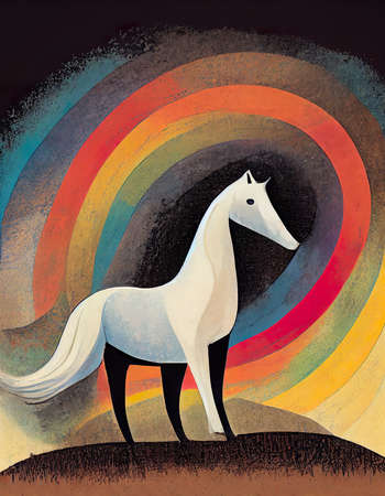 standing white horse, rainbow colors in backgroundの素材