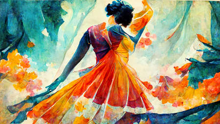 woman dancing on a a traditional dance contest, colorful dressの素材