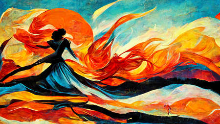 abstract illustration for a dance contest, woman dancing in spain style at sunsetの素材