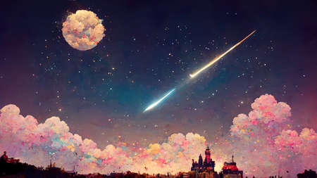 shooting star in sky above a beautiful fantasy castle, children book illustration with a lovely moonの素材