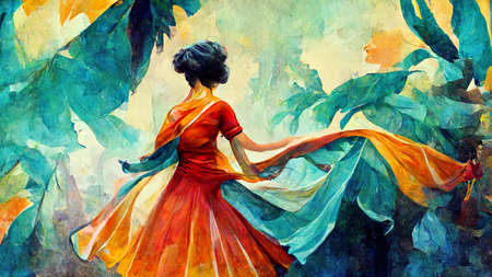 medieval dance poster, woman with a dress illustrationの素材
