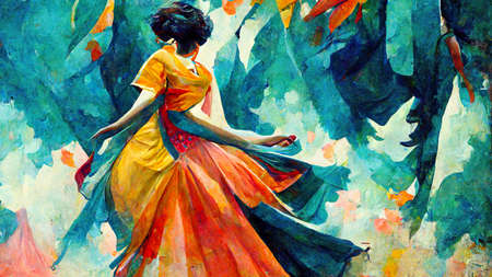 woman dancing in a orange and blue dress, abstract illustrationの素材