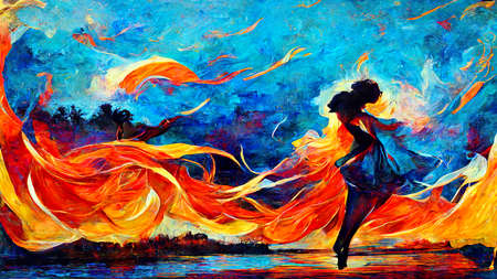 woman dancing in dress with clear blue sky, dance contest posterの素材