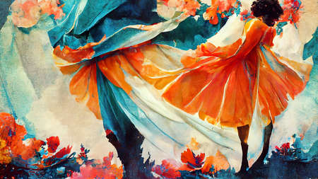 black woman dancing viennese waltz in pair, abstract illustrationの素材