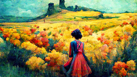 lonely woman thinking in front of a medieval flower field, folky posterの素材