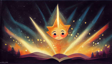 little boy reading a magic fairytale book, cartoon illustrationの素材