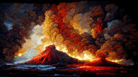 disaster scene of volcanos, illustration force of natureの素材