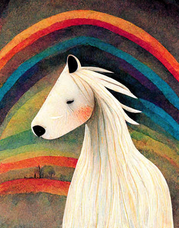 white horse, stalion with a rainbow in backgroundの素材