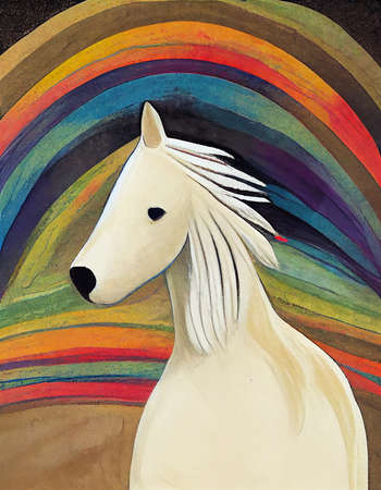 white horse, stalion with a rainbow in backgroundの素材