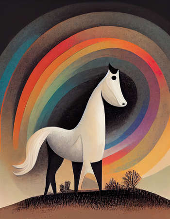 strong white horse standing on a hill, rainbow in background, children book illustrationの素材