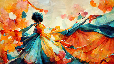 woman walking and dancing with a big colorful dress, folk danceの素材