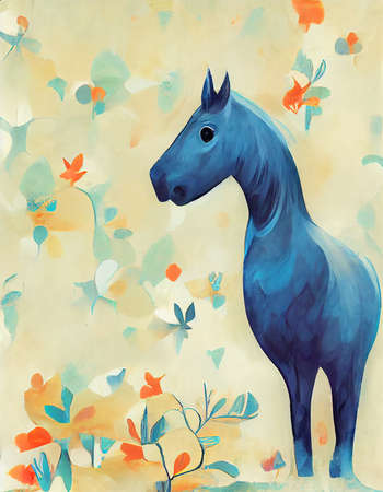 blue horse with black parts, fairytale illustrationの素材