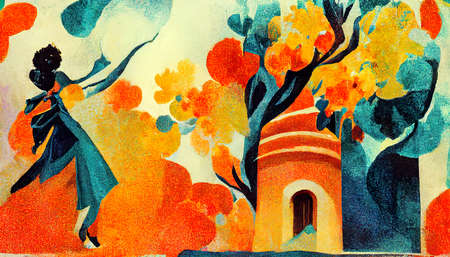 theatre, opera poster illustation, abstract illustration for a traditional opera house, a woman in front of a coorful towerの素材