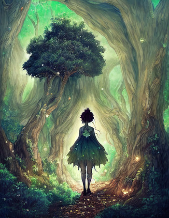 scene from a fairytale, forest girl standing in front of a tree - cartoonの素材