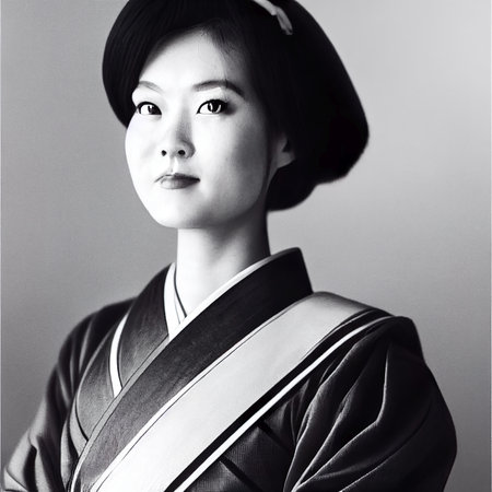 portrait of a japanese woman in black and white colors, vintage illustration, traditional suit wardrobe - black and whiteの素材