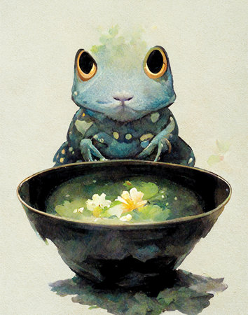 fantasy frog sitting in front of a pot, soup, japanese watercolor style - oilの素材