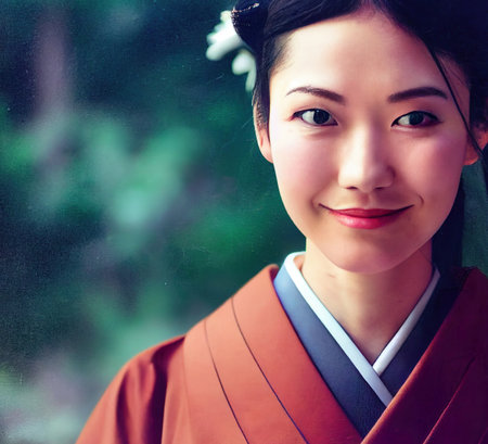 beautiful portrait of a young japanese woman, smiling, traditional clothes wardrobe - photgraphyの素材