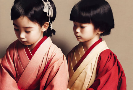 two sad japanese boys, wearing tradition uniforms wardrobe -renderの素材
