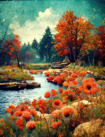 autumn scene with a beautiful river, cartoon style art - conceptの素材