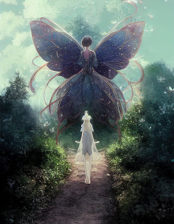 girl standing in a forest in front of a big fairy, epic cartoon fairytale scene - anime paintingの素材