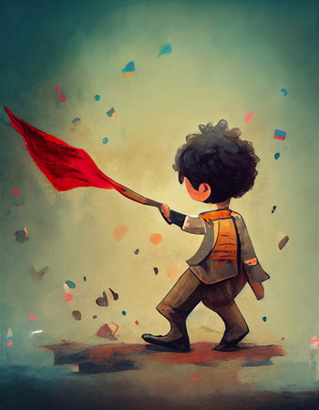 cartoon illustration of a young boy painting with a big oversized brush, colorful illustration - cartoonの素材