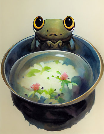 cute frog sitting in a pot of soup - cartoonの素材