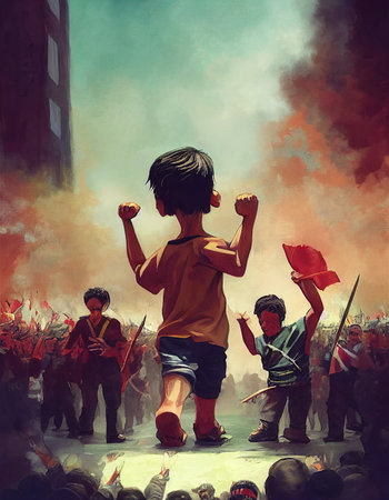 revolution illustration, children boy cartoon scene, rule the group uprising revolt - conceptの素材