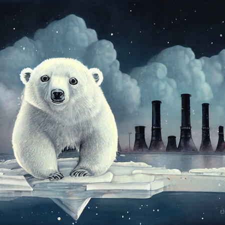 abstract illustration of a bear in front on ice and in the back the firms destryong the climate - illustrationの素材